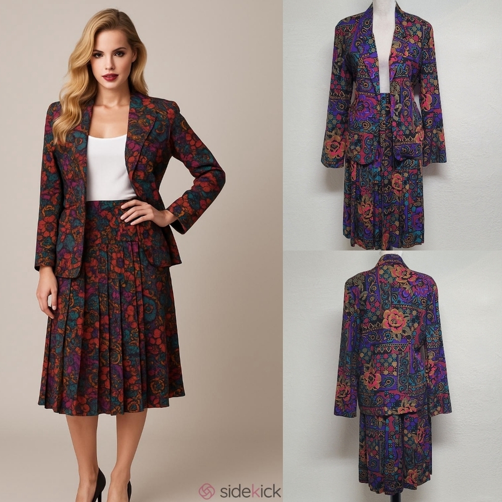 80s Vintage Toni Garment CC Magic Multi-color Mixed Print Blazer Skirt Set 8 S